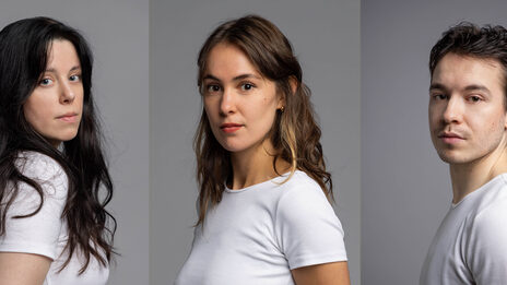 Collage aus drei Porträts von jeweils einer Person im weißen T-Shirt.