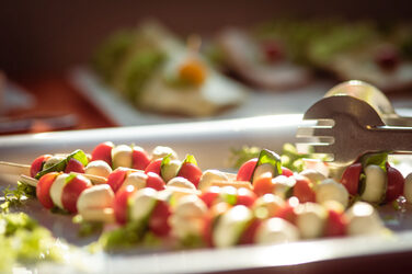 Sticks mit Mozzarella, Tomaten und Basilikum auf einer Platte am Buffet im Sonnenlicht__Sticks with mozzarella, tomatoes and basil on a platter at the buffet in the sunlight