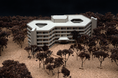 The model building with its striking, polygonal shape stands freely in a landscape of trees. The openings in the roof and the clear façade lines are easily recognizable.