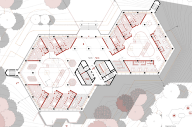 A detailed floor plan shows several hexagonal building sections with clearly recognizable rooms, circulation and furnishings. Terrain lines and tree symbols frame the building.