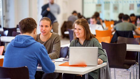 Photo of three students sitting together at a table and exchanging ideas. In the background more students at tables.__One female and two male students sit together at a table and study. In the background more students at tables.
