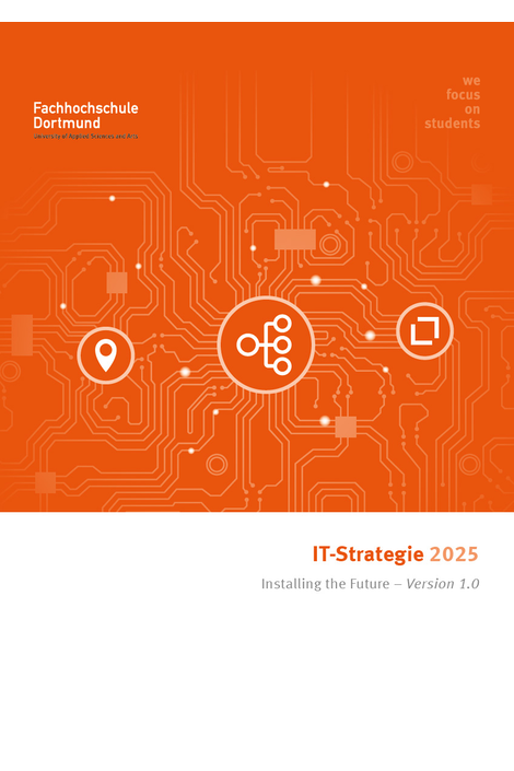 The title page of the PDF file on the IT Strategy 20025 has the English subtitle: Installing the Future - Version 1.0. It shows symbolic graphics with an IT reference.