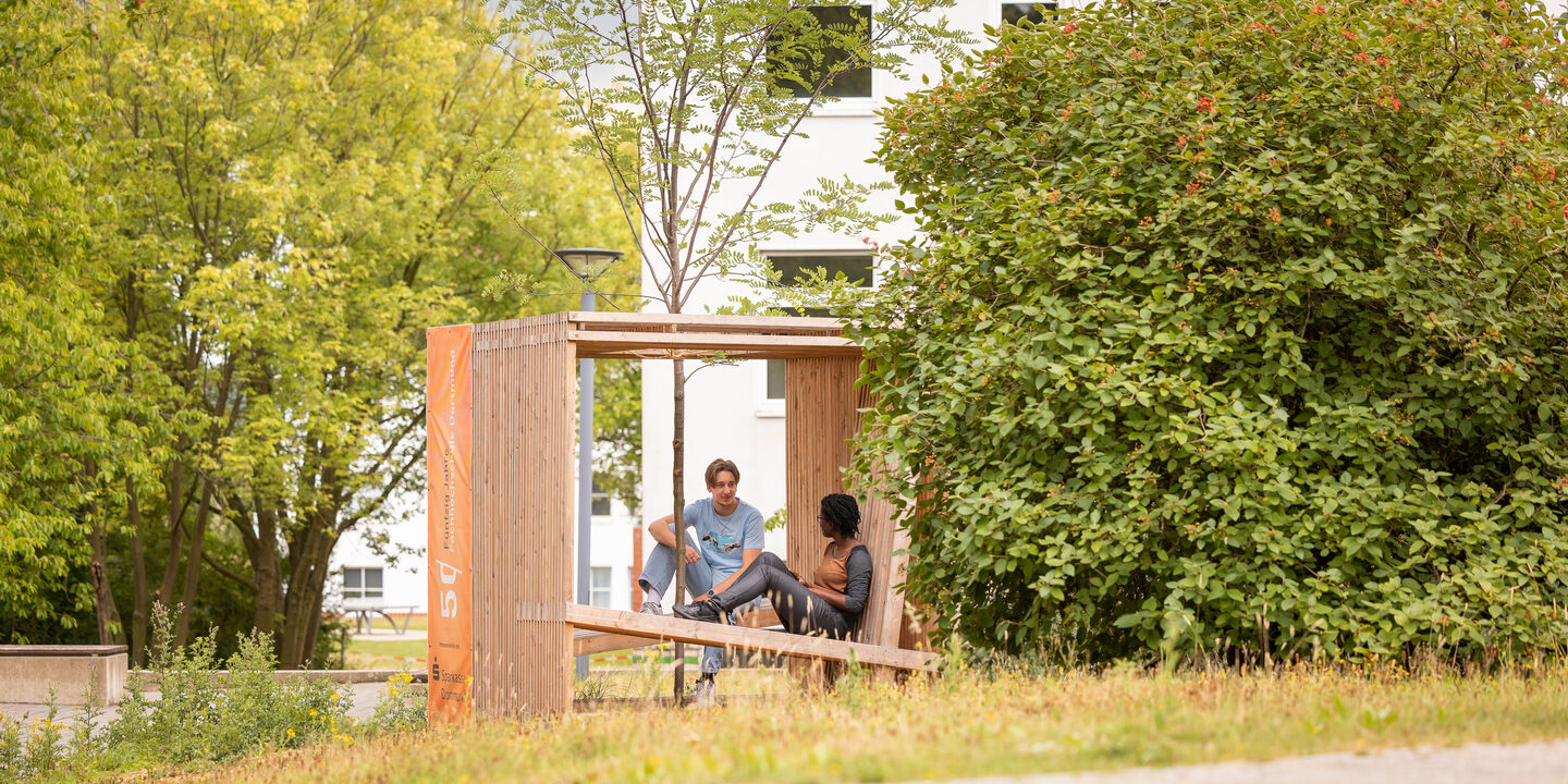 Foto von 2 Studierenden, die in einem Holzwürfel, der mit Sitzgelegenheiten ausgestattet ist, sitzen und sich unterhalten. In der Mitte des Würfels, ist ein Baumgepflanzt.