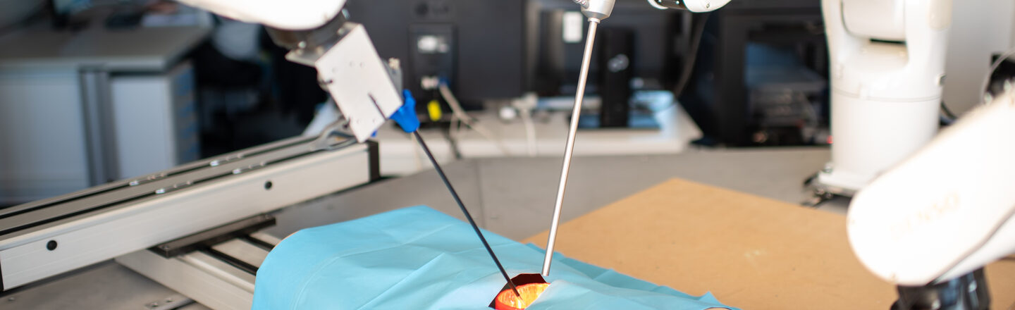 OP-Roboter mit Endoskopen und Plastiktorso im Vordergrund. Die Endoskope stecken in einer Öffnung des Torso. Dahinter unscharf erkennbar zwei Mitarbeiter am Rechnerarbeitsplatz.