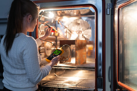 A person in a laboratory places a metallic component in a test cabinet. The cabinet is equipped with a glass door and lighting and contains several metal grid levels.