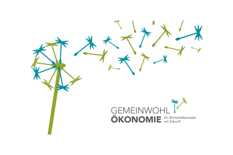 Logo Gemeinwohl-Ökonomie, Pusteblume mit dem Slogan „Gemeinwohl-Ökonomie – Ein Wirtschaftsmodell mit Zukunft“