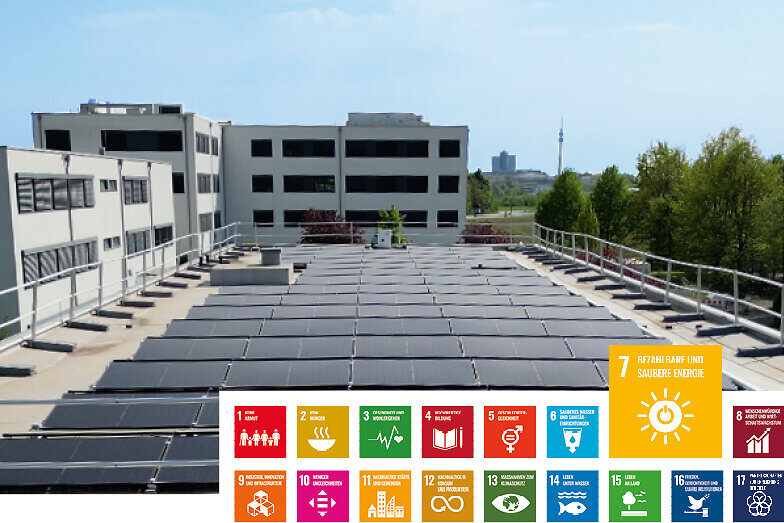 Photovoltaik-Anlage auf dem Dach der Emil-Figge-Str. 38. Im Vordergrund ist eine Leiste mit den 17 Sustainable Development Goals.