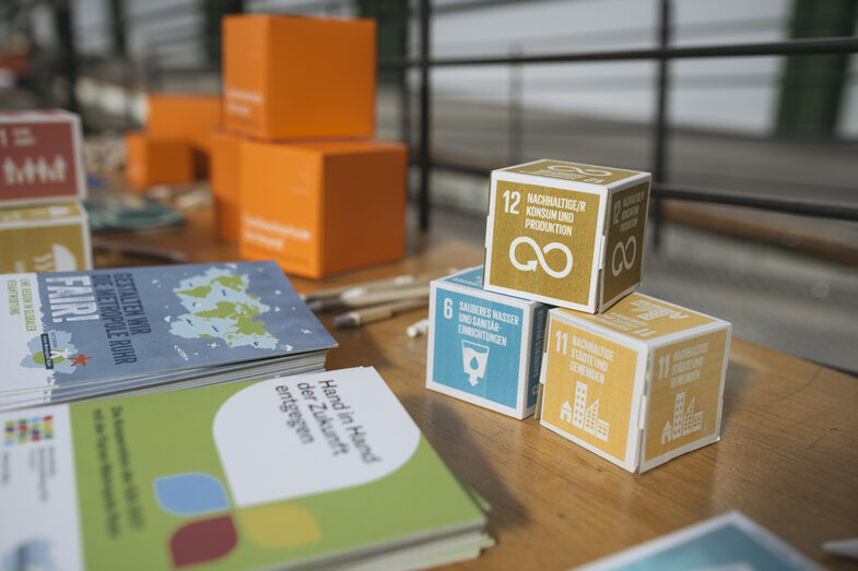 The SDG cubes with the sustainability goals 6, 11, 12 are lying on a table. Further back in the picture you can see the orange FH cubes.