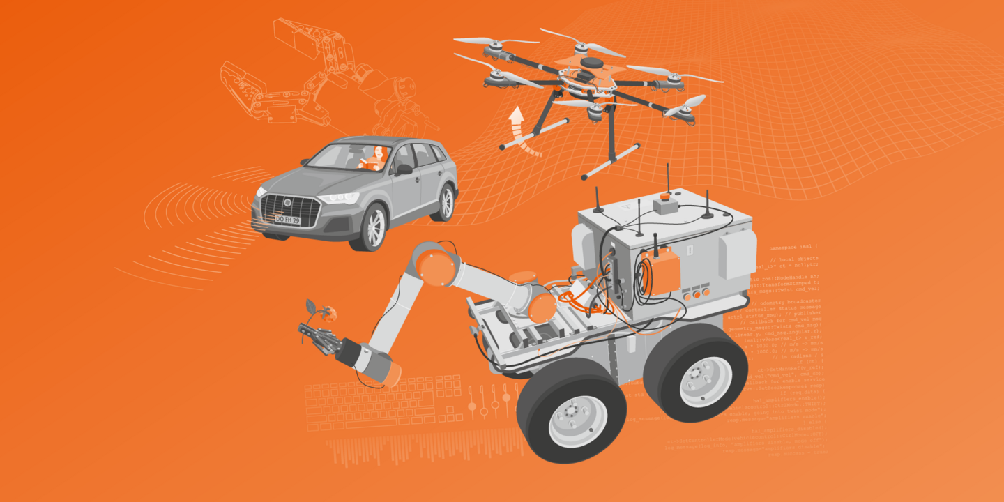 Illustration of a drone, a car with sensors and a rescue robot.