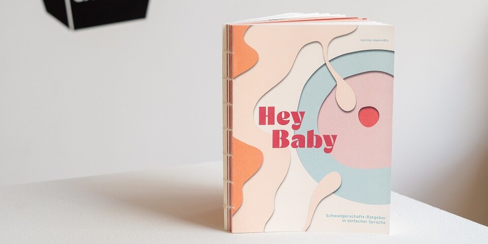 Cover of the Hey Baby guide with the title "Hey Baby" and subtitle "Pregnancy guide in simple language" showing the fertilization of an egg cell