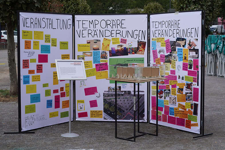 Bunte Post-Its und ausgeschnittene Fotos mit Umgestaltungsideen kleben an weißen 3 Stellwänden mit jeweiligen Überschriften Veranstaltung (links), temporären Veränderungen (miite und rechts).