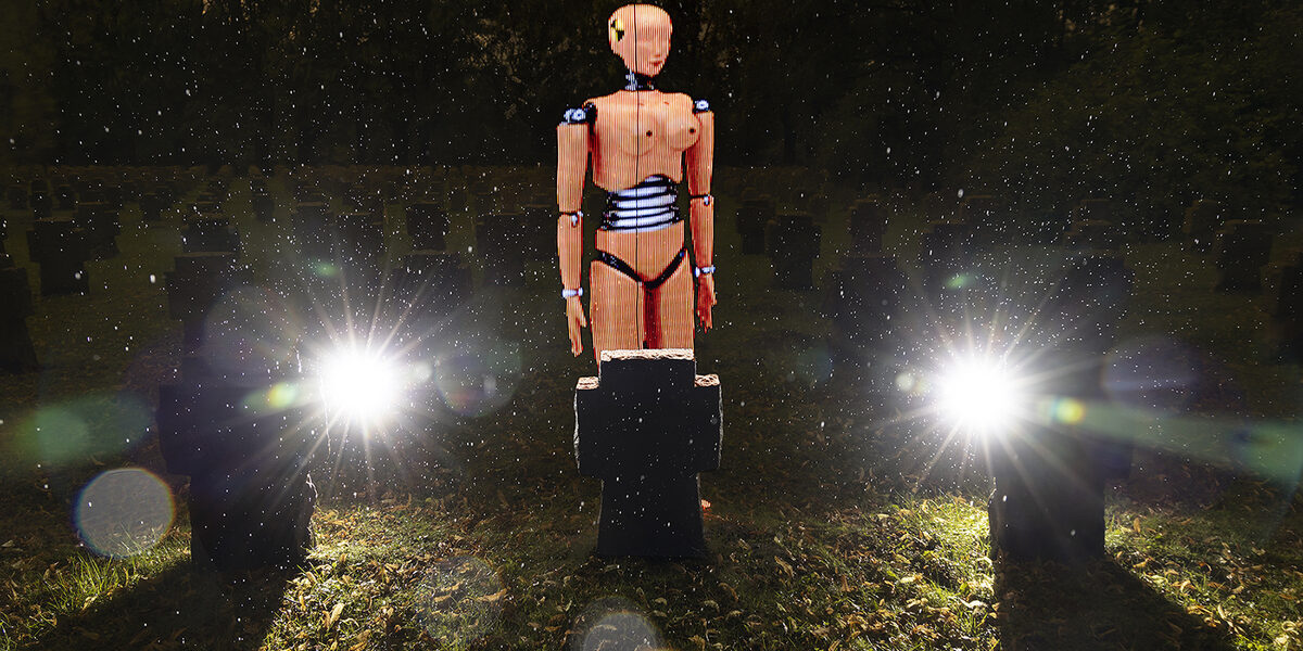 A female Crahtest dummy stands behind three gravestones at night.