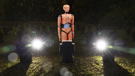 A female Crahtest dummy stands behind three gravestones at night.
