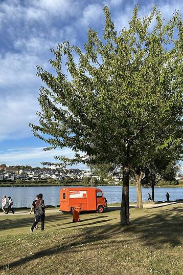 Ein orangefarbener Oldtimer parkt am Ufer eines Sees unter blauem Himmel. Im Vordergrund ragt ein Baum in den Himmel, einige Menschen laufen am Ufer entlang.