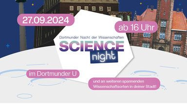 Plakatmotiv mit dem Dortmunder U-Turm, dem Fernsehturm und dem alten Hafenamt, dazu mehrere Textfelder, die Datum und Uhrzeit der Science Night beinhalten.