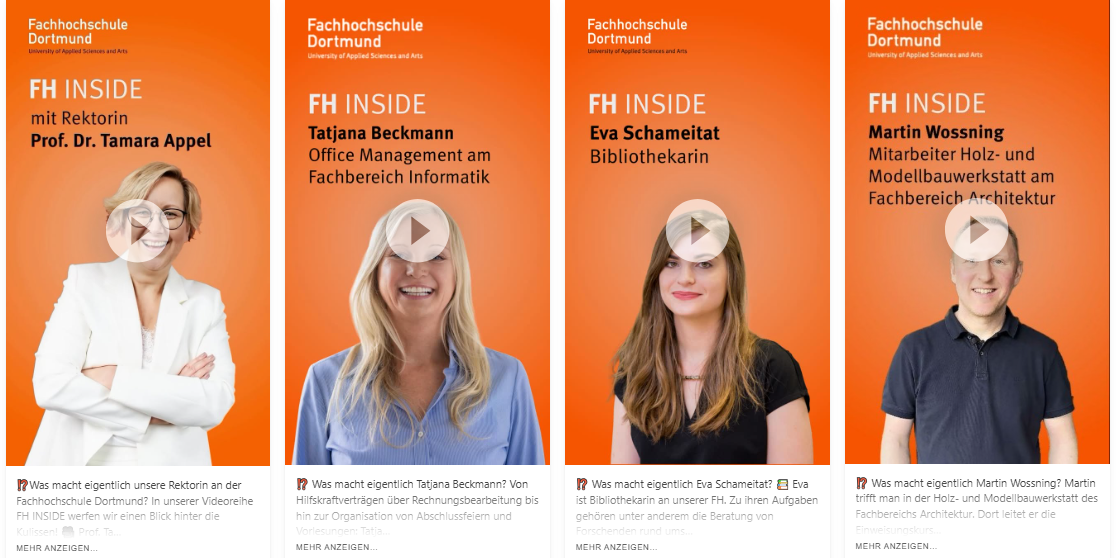 Screenshot of a website with videos of Fachhochschule Dortmund employees