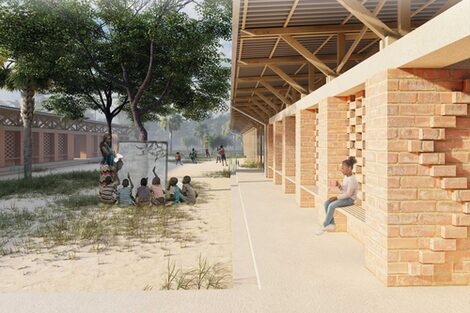 Architectural visualization of the inner courtyard of the school building, which includes a group of trees under which a teacher is sitting with a group of pupils.