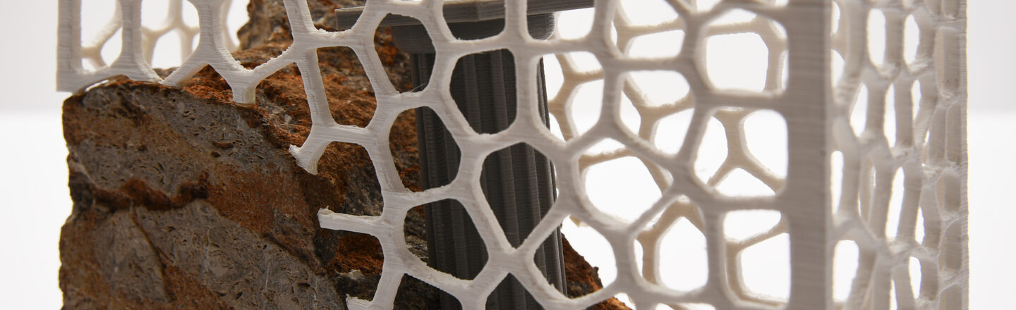 Award developed by students for the history of building made of naturally broken natural stone and a 3D-printed cellular structure, close-up