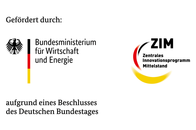Funding logos with the text "Funded by:". Below it on the left is the logo of the Federal Ministry for Business Studies and Energy. On the right the logo ZIM - Central Innovation Program for SMEs. The third line reads: based on a resolution of the German Bundestag