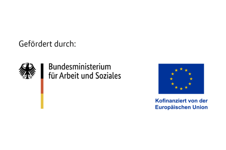 Logo der Fördergeber BMAS (Bundesministerium für Arbeit und Soziales) und der Europäischen Union von dem Projekt DiPAS st (Soziale Teilhabe in Gesundheit und Pflege durch digitale Assistenzsysteme) des IDiALs (Institut für die Digitalisierung von Arbeits- und Lebenswelten)