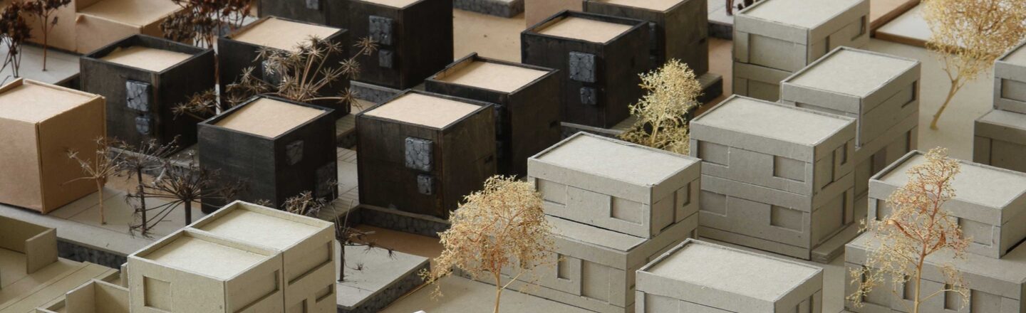 View of several models built next to each other, different designs of Tiny House settlements.