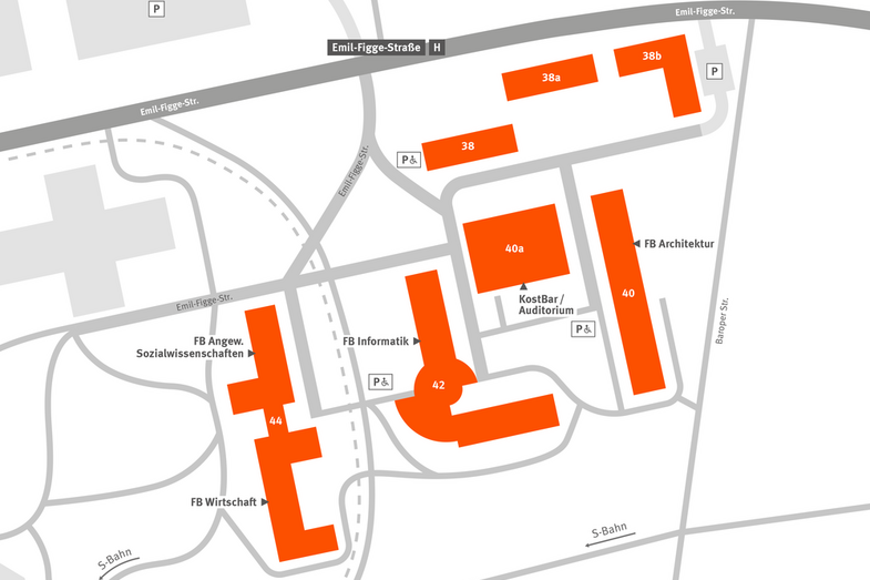 The schematic diagram shows the arrangement of the buildings on the campus and the access roads.
