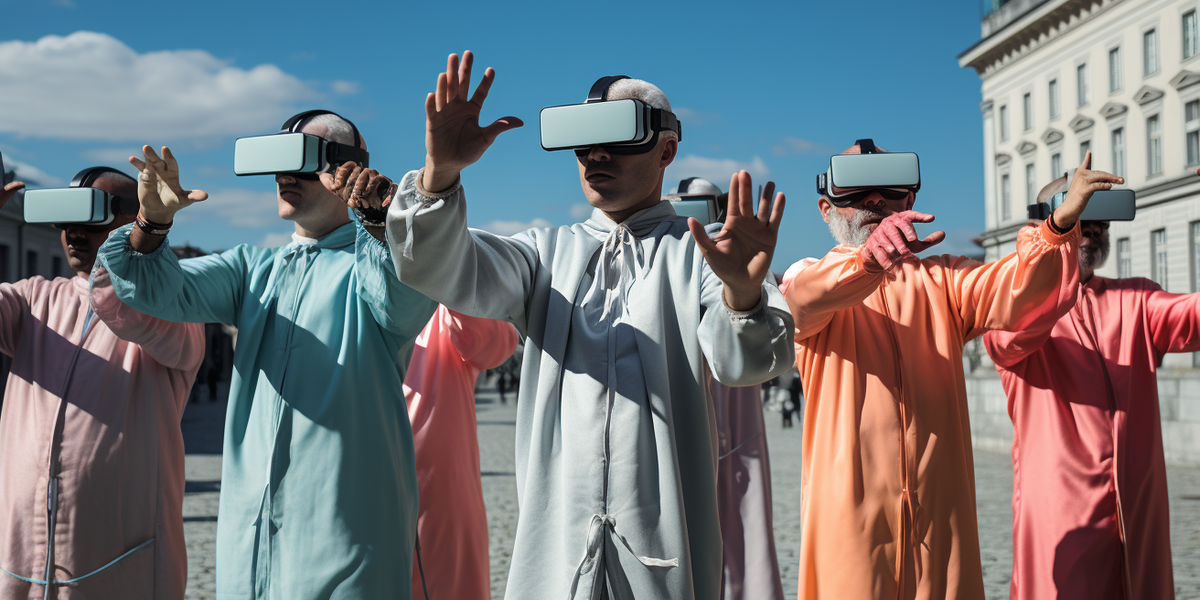 Several people in monochrome suits with virtual reality glasses