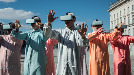 Several people in monochrome suits with virtual reality glasses