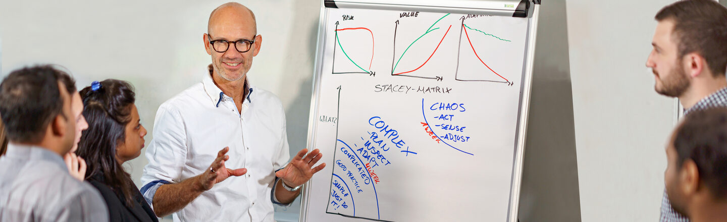 Lecturer stands at the flipchart and explains something to the students standing around him.