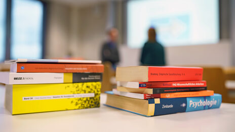 Photo of two stacks of books lying next to each other on a table. In the background, two people are blurred in front of a projector screen.