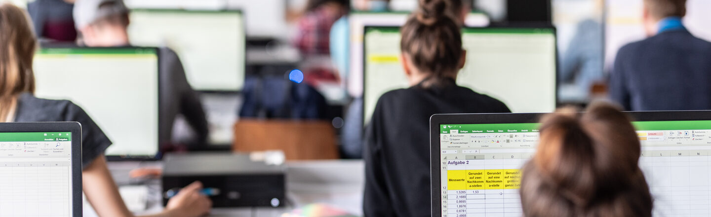 Blick von hinten in den Computerraum mit Studierenden, auf den Monitoren sind zum Teil Excel-Tabellen erkennbar.