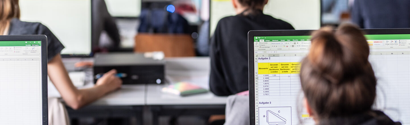 Blick von hinten in den Computerraum mit Studierenden, auf den Monitoren sind zum Teil Excel-Tabellen erkennbar.