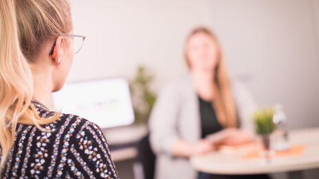 Photo of a counseling situation. A person is sitting at a table, out of focus. A woman is clearly visible in the foreground, her face is not recognizable as it is photographed from the side. __ <br>Counseling situation. A person is sitting at a table, out of focus. A woman is clearly recognizable in the foreground, her face is not recognizable because it is photographed from the side.