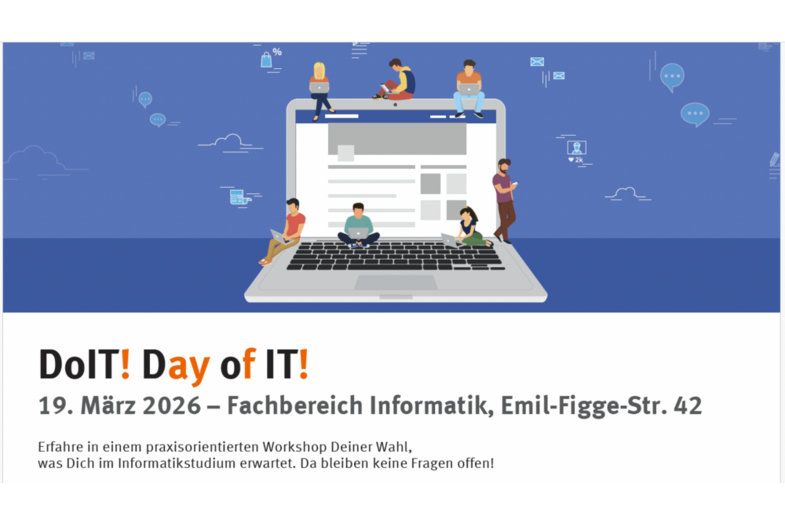 Ein Auschnitt aus dem aktuellen DoIT Plakat. Ein überdimensionierter Laptop, auf dem sich Menschen bewegen, auf blauen Hintergrund mit technischen Symbolen.